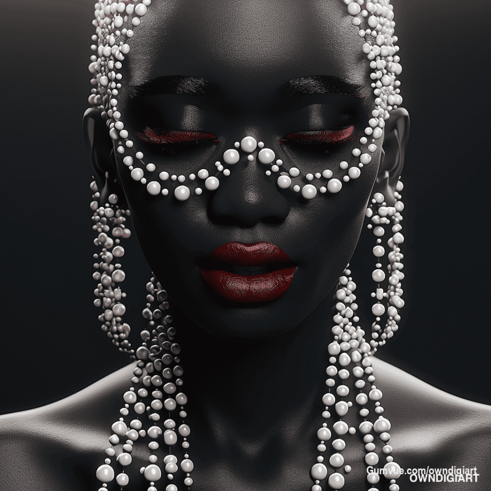 Pearls & Red Lips 
Get captivated by this mesmerising digital art download featuring a stunning portrait of a black woman adorned with luxurious pearl jewelry on her face and neck, and sporting bold red lips.
#pearls #midjourney #aiart